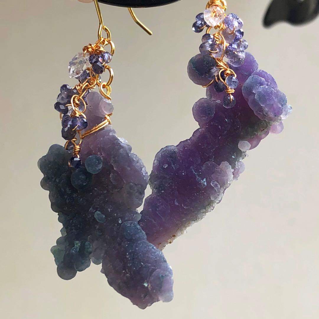 天然石♡超大粒♡ぽこぽこシルキーグレープアゲート×アイオライトのピアス14kgf