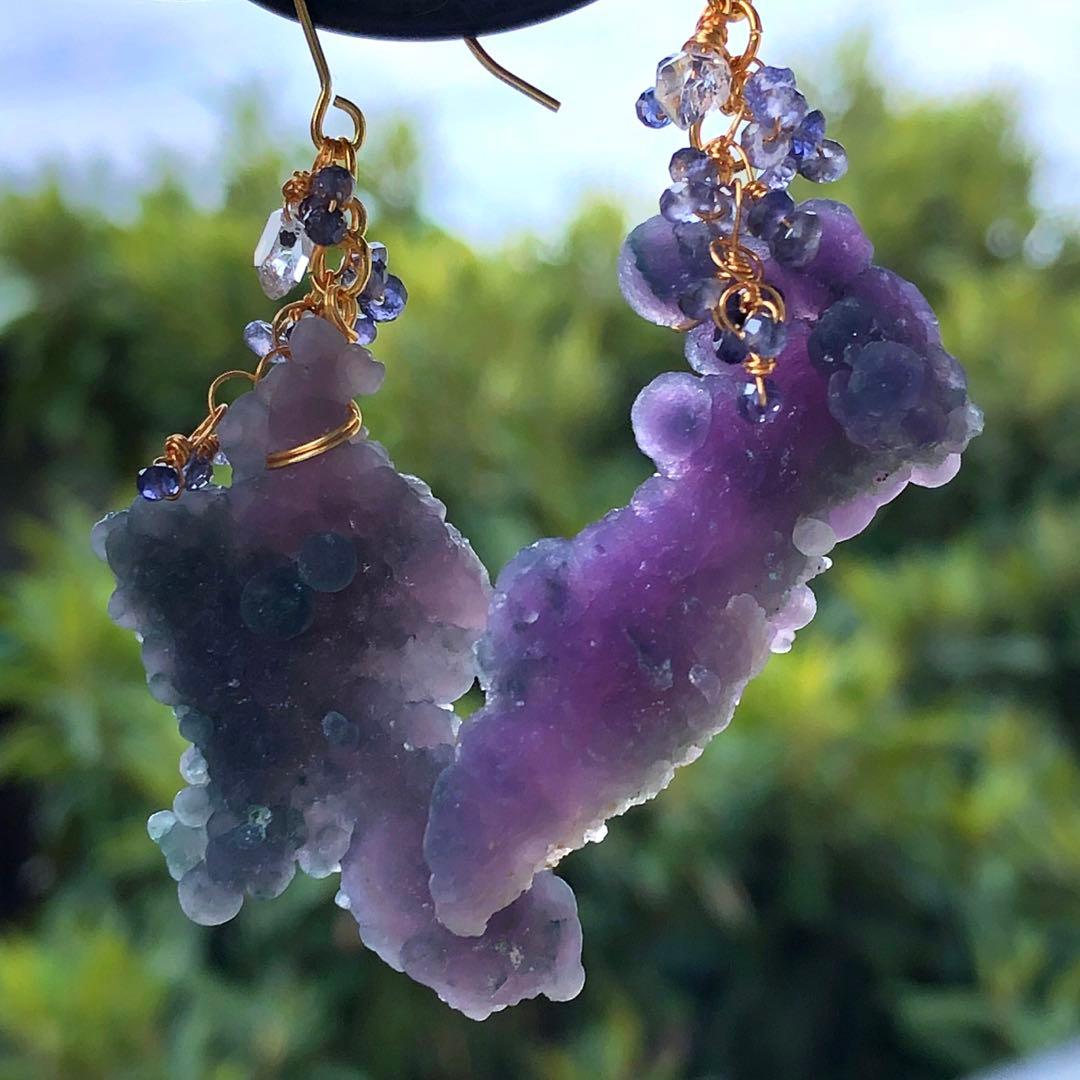 天然石♡超大粒♡ぽこぽこシルキーグレープアゲート×アイオライトのピアス14kgf