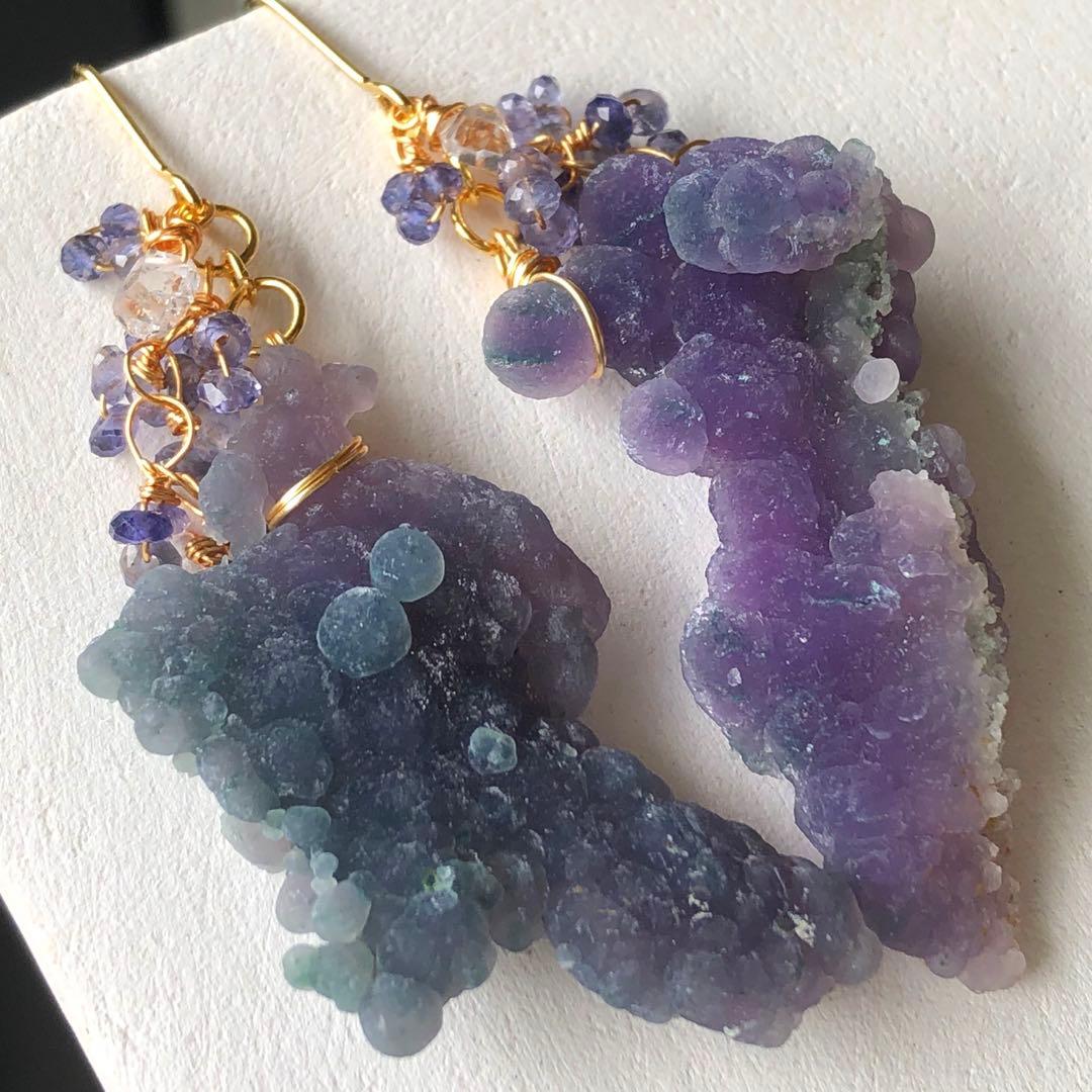 天然石♡超大粒♡ぽこぽこシルキーグレープアゲート×アイオライトのピアス14kgf