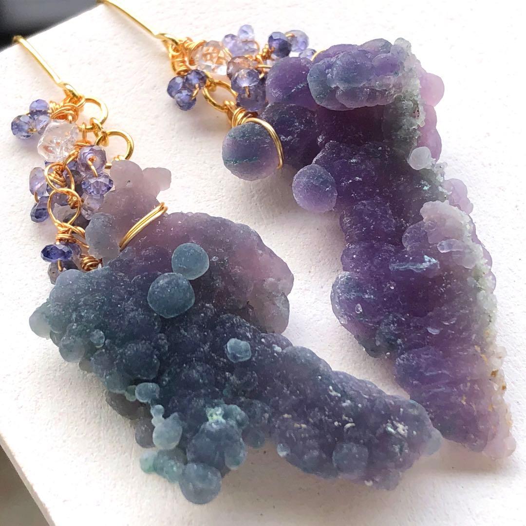 天然石♡超大粒♡ぽこぽこシルキーグレープアゲート×アイオライトのピアス14kgf
