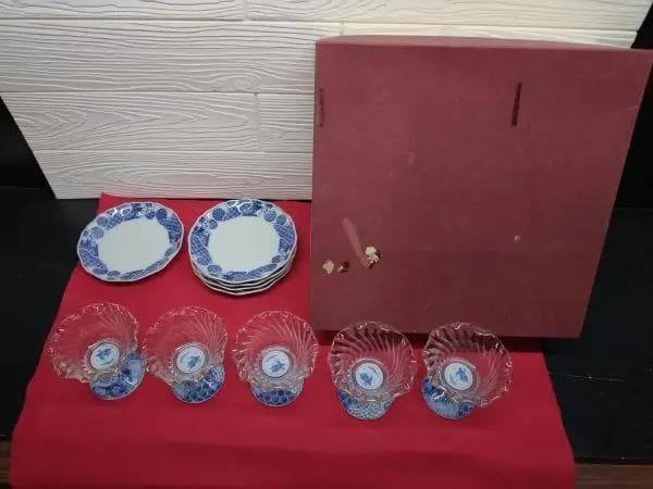 Y美品 龍峰窯 染付捻祥瑞 ガラスデザート鉢 皿 5客セット