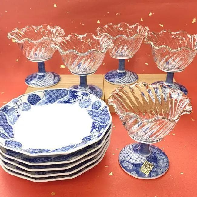 Y美品 龍峰窯 染付捻祥瑞 ガラスデザート鉢 皿 5客セット