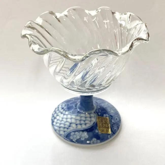 Y美品 龍峰窯 染付捻祥瑞 ガラスデザート鉢 皿 5客セット