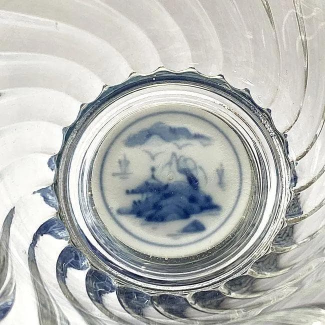 Y美品 龍峰窯 染付捻祥瑞 ガラスデザート鉢 皿 5客セット