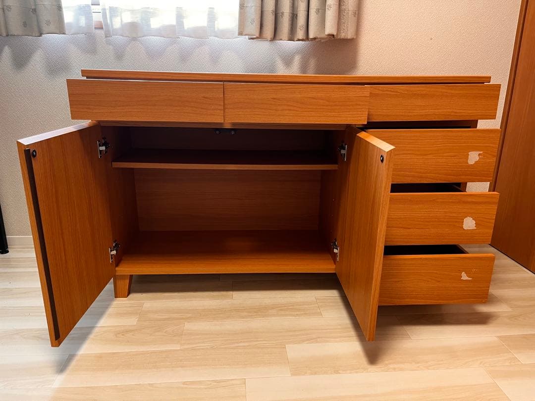 木目調キャビネット 6引き出し 2扉