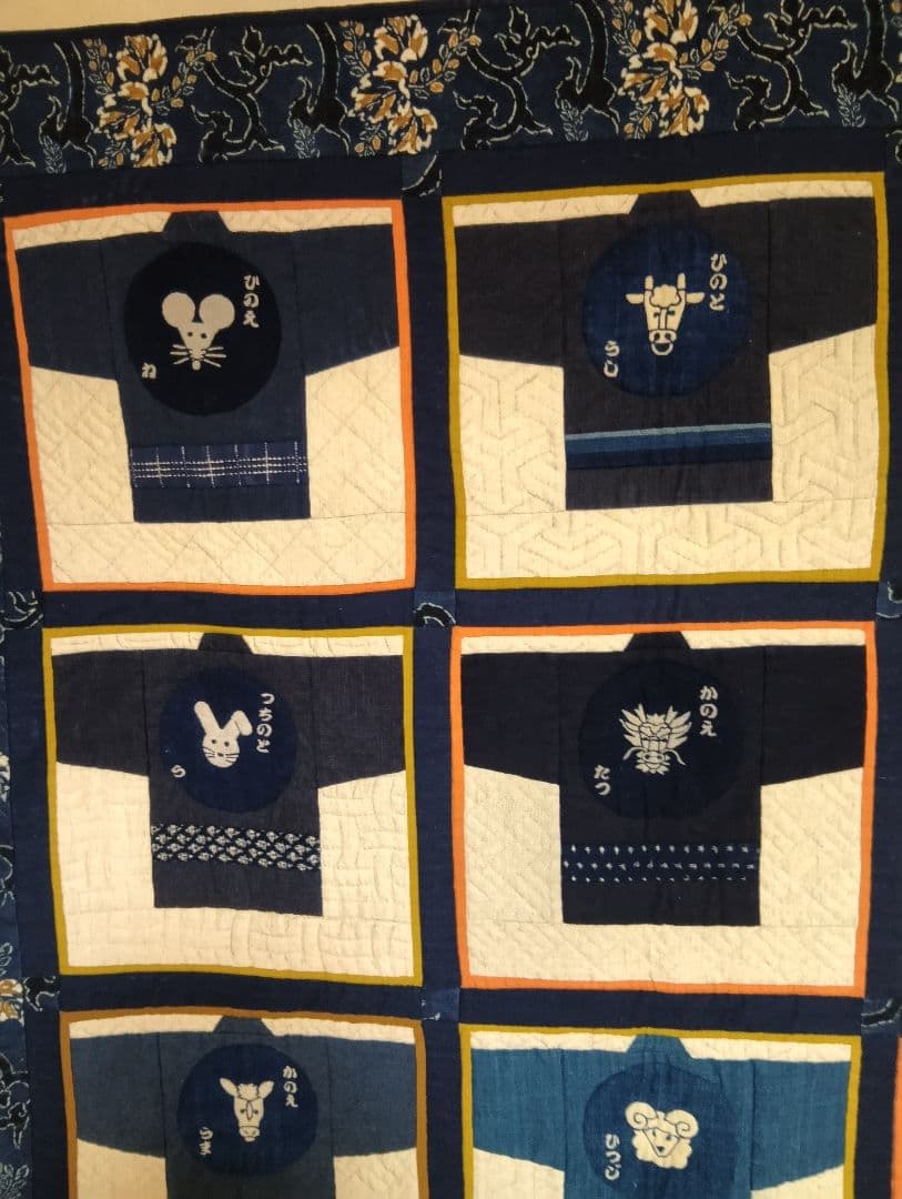 藍染生地使用大判干支パッチワーク120×150