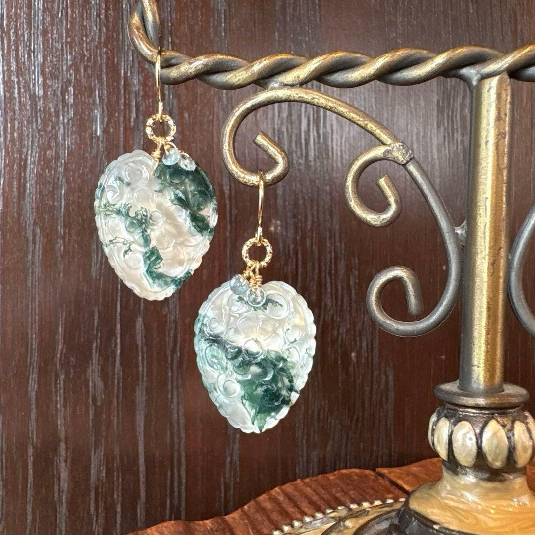 《1点限定》モスアゲート＆MOPフィカスリーフカービング＊ピアスorイヤリング