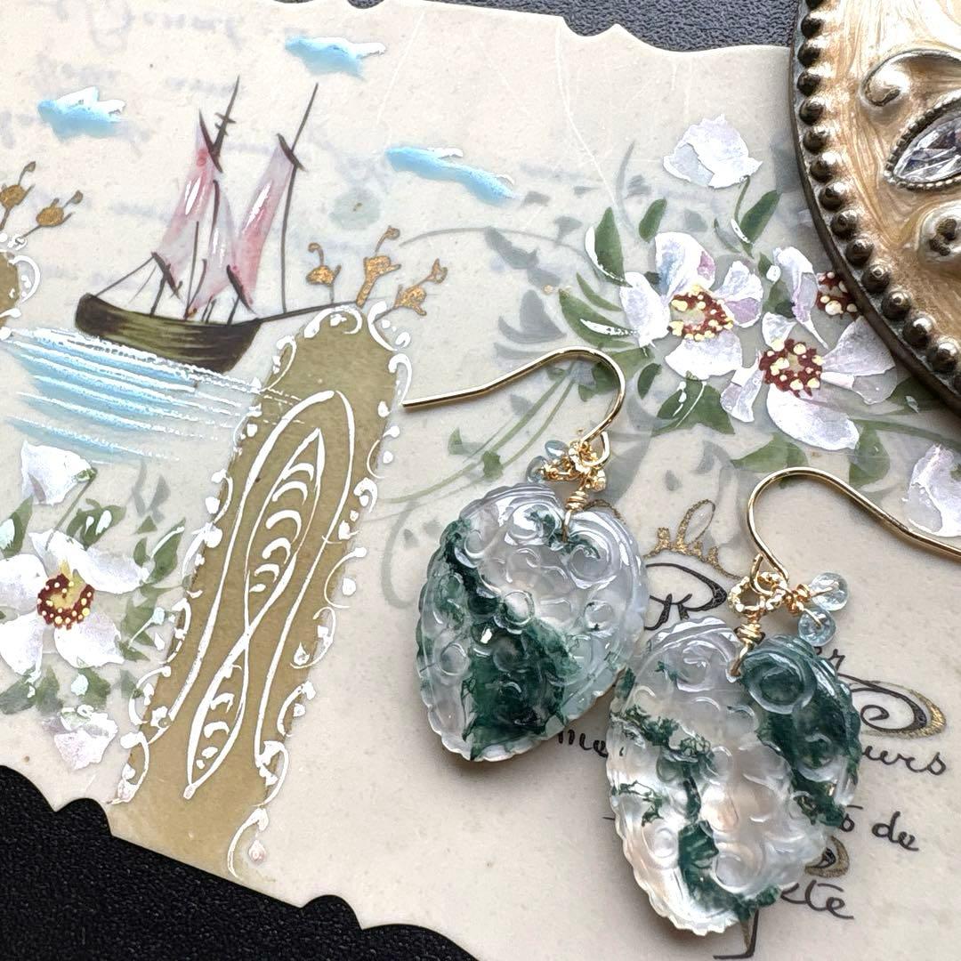 《1点限定》モスアゲート＆MOPフィカスリーフカービング＊ピアスorイヤリング