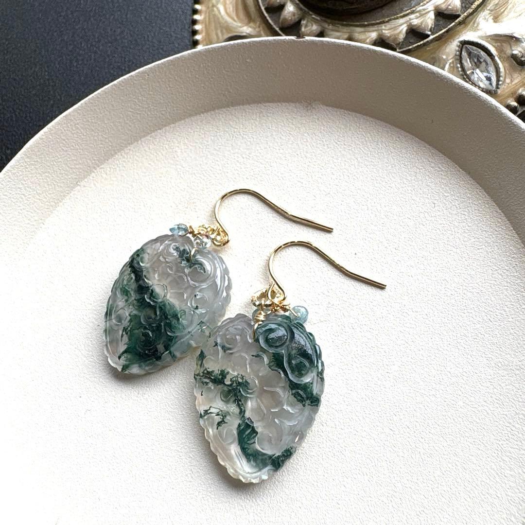 《1点限定》モスアゲート＆MOPフィカスリーフカービング＊ピアスorイヤリング