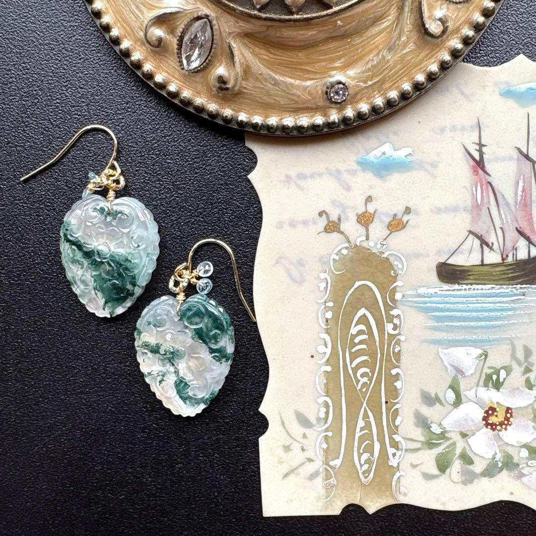 《1点限定》モスアゲート＆MOPフィカスリーフカービング＊ピアスorイヤリング