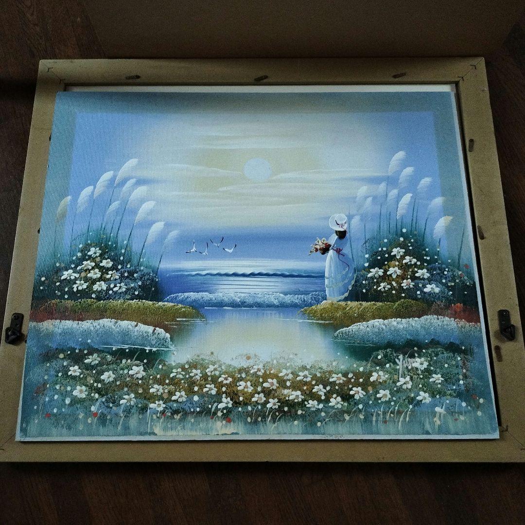 風景画 油彩 女性 花束