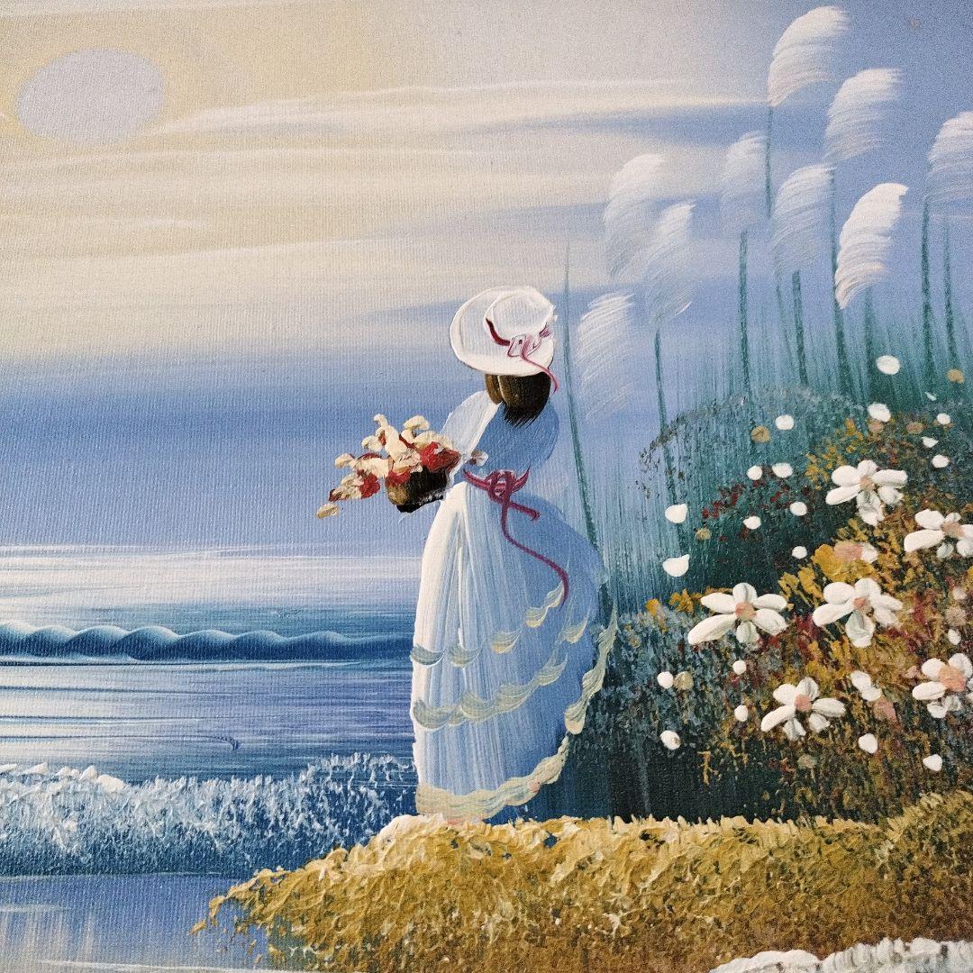 風景画 油彩 女性 花束