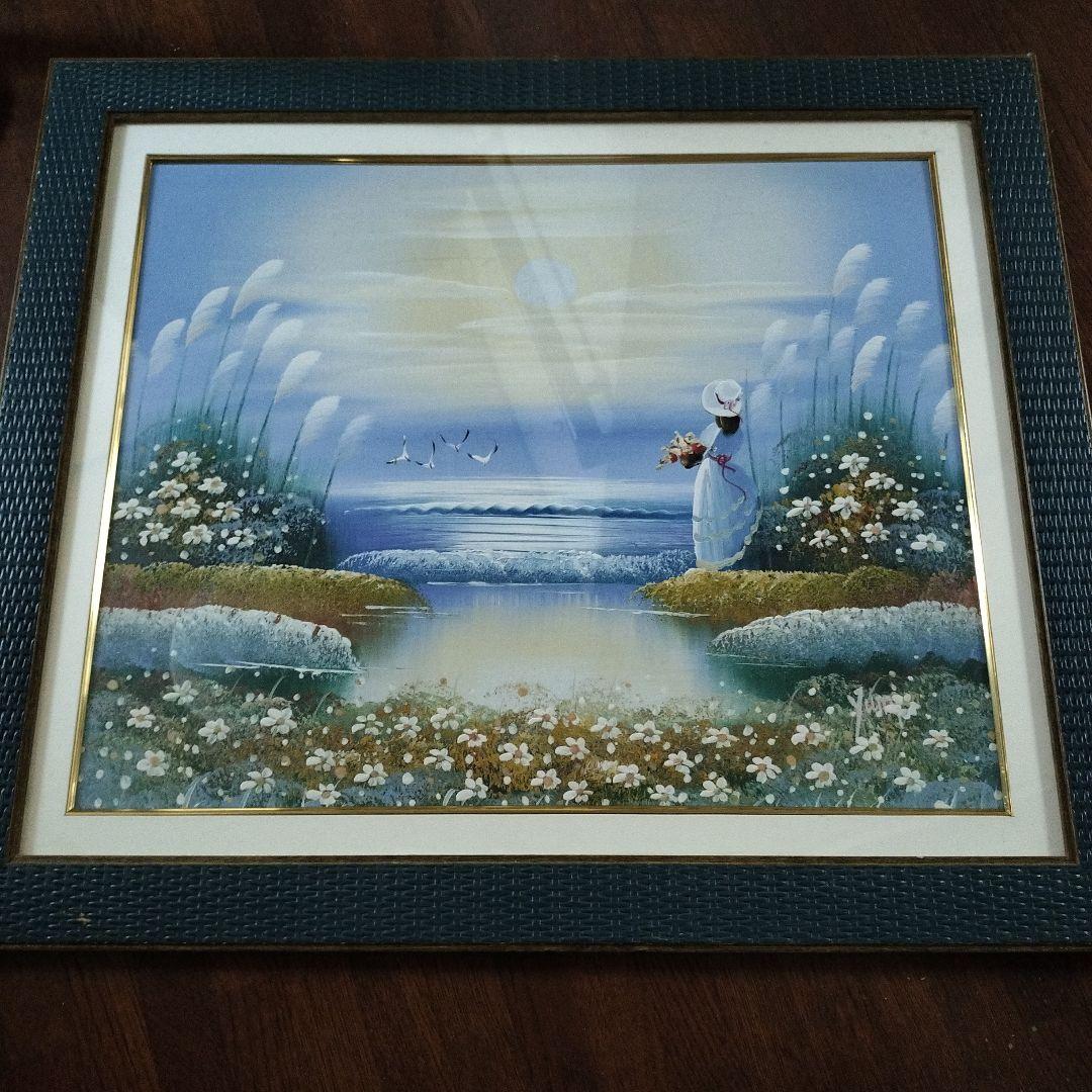 風景画 油彩 女性 花束