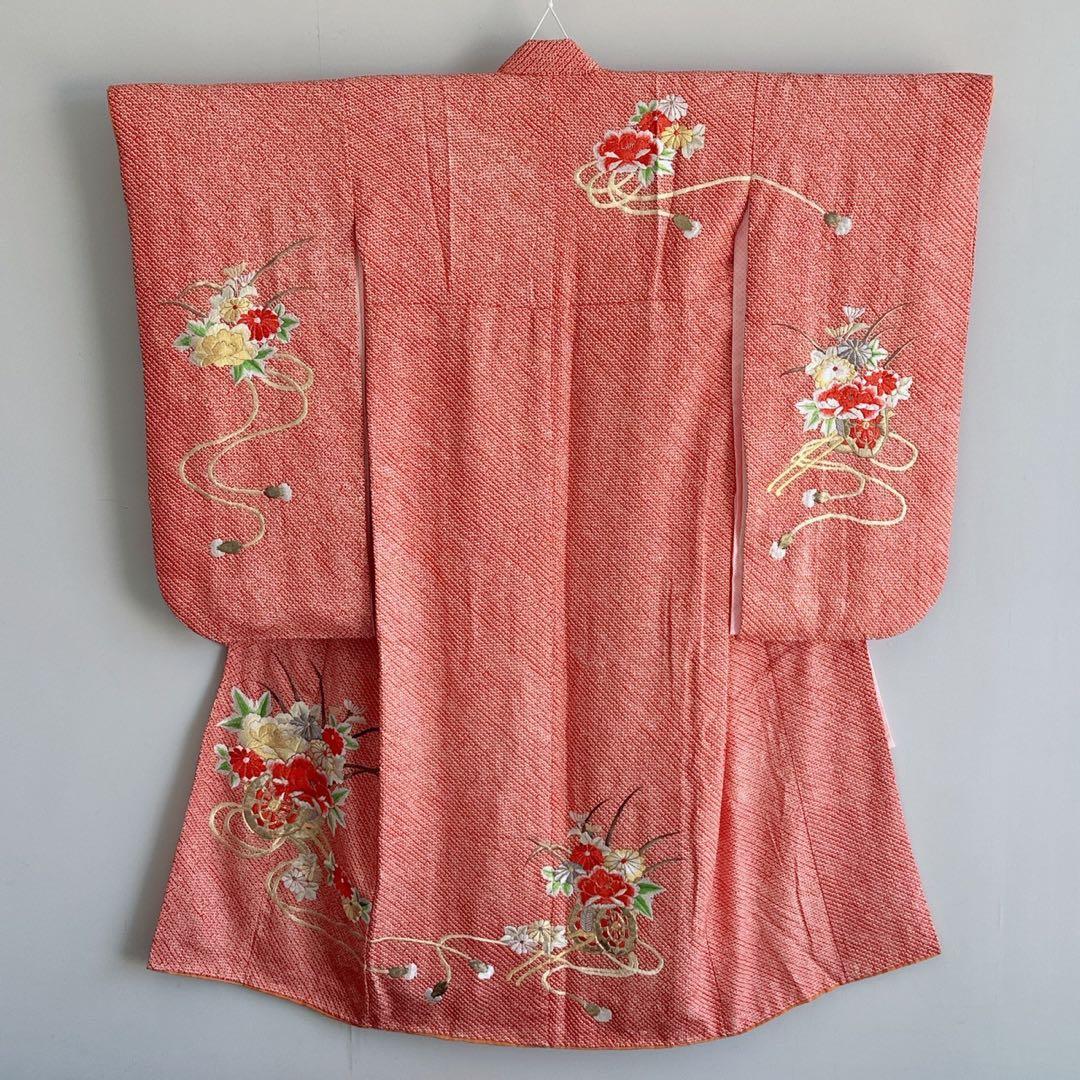 フルセット　七五三　7歳女の子　総しぼり　豪華刺繍　花　鼓　黒袋帯　葉　7067