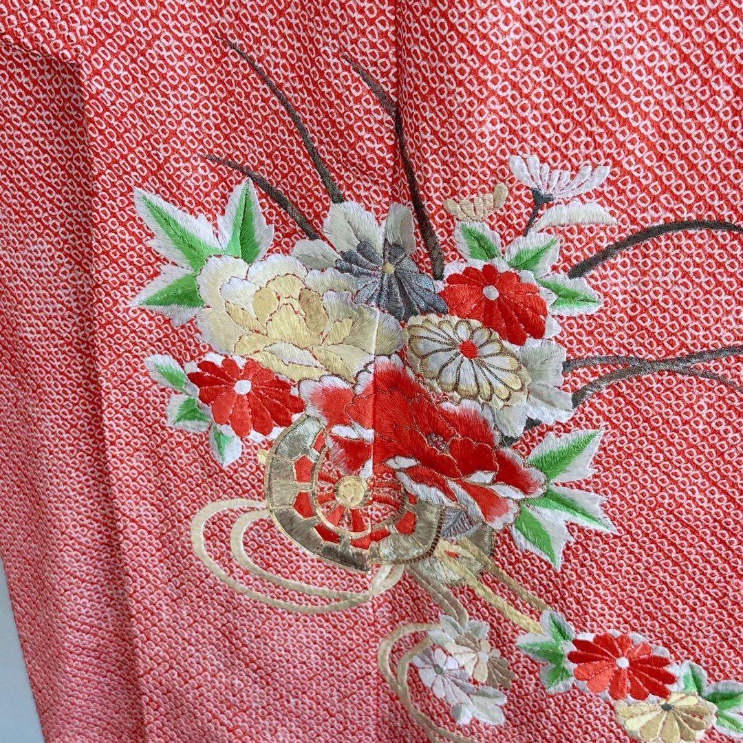 フルセット　七五三　7歳女の子　総しぼり　豪華刺繍　花　鼓　黒袋帯　葉　7067