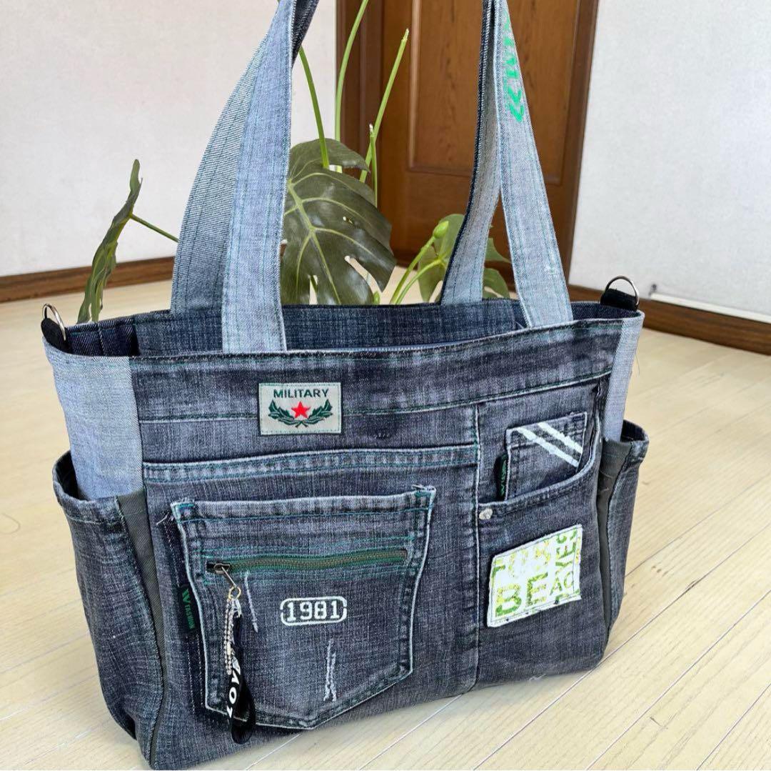 黒デニムトートバッグ　ショルダー　big size ハンドメイド