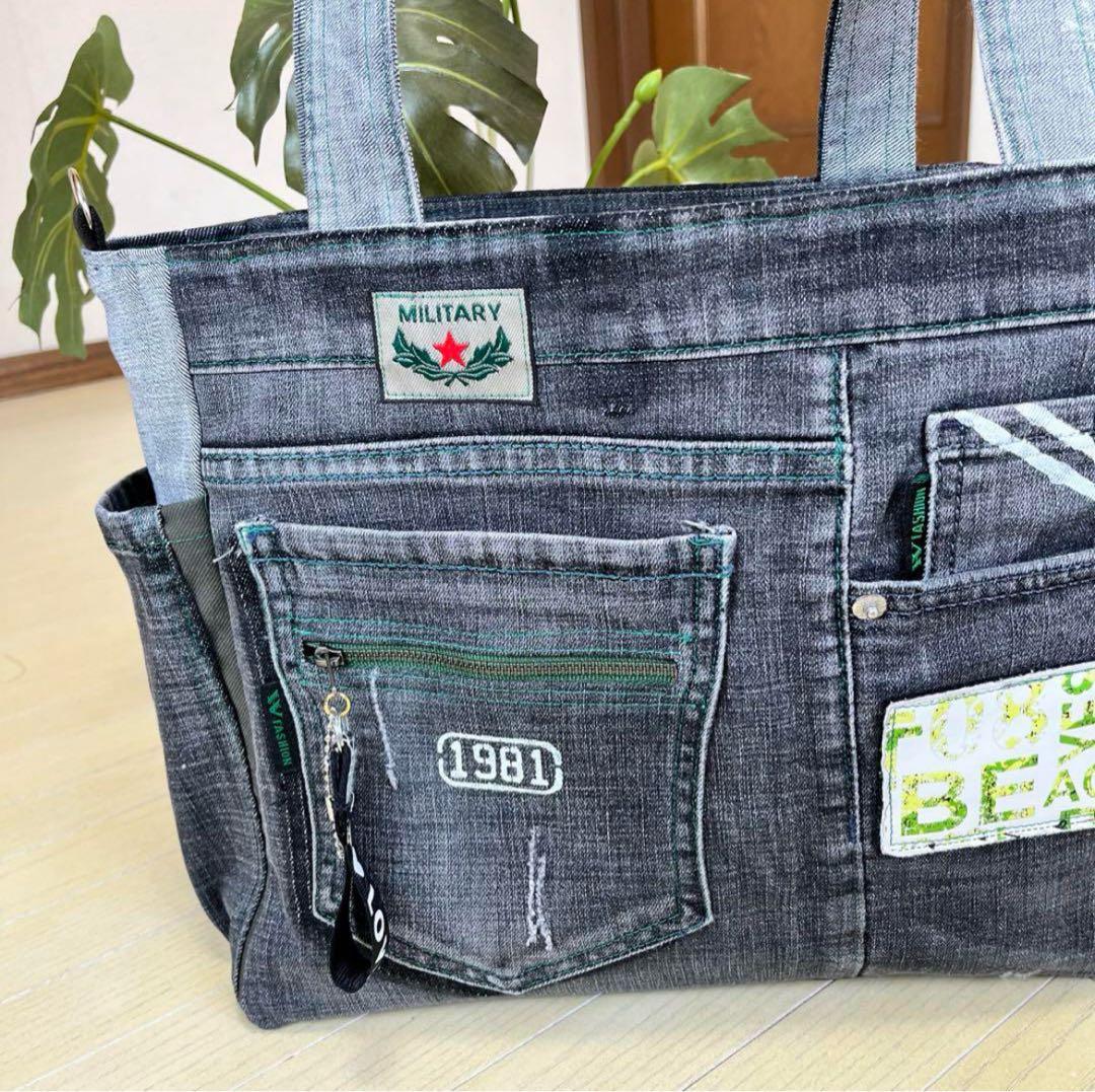 黒デニムトートバッグ　ショルダー　big size ハンドメイド