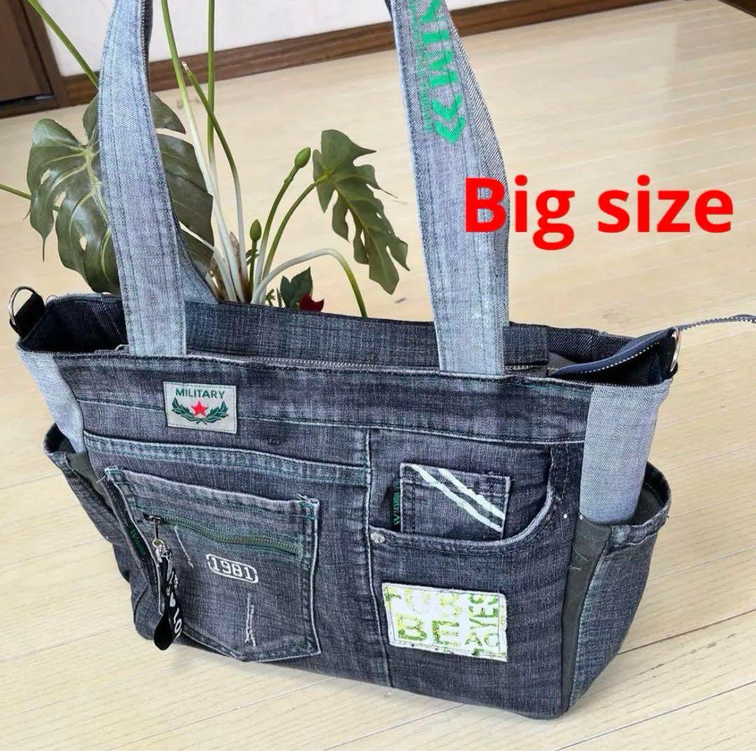 黒デニムトートバッグ　ショルダー　big size ハンドメイド