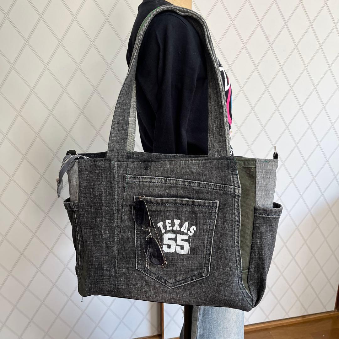 黒デニムトートバッグ　ショルダー　big size ハンドメイド
