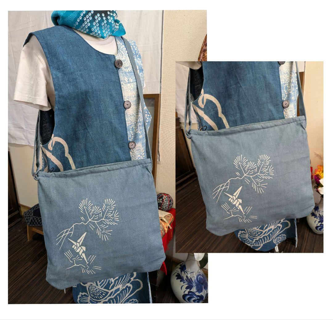 藍染筒描き(古布風呂敷から)のショルダーバック　　古布リメイク