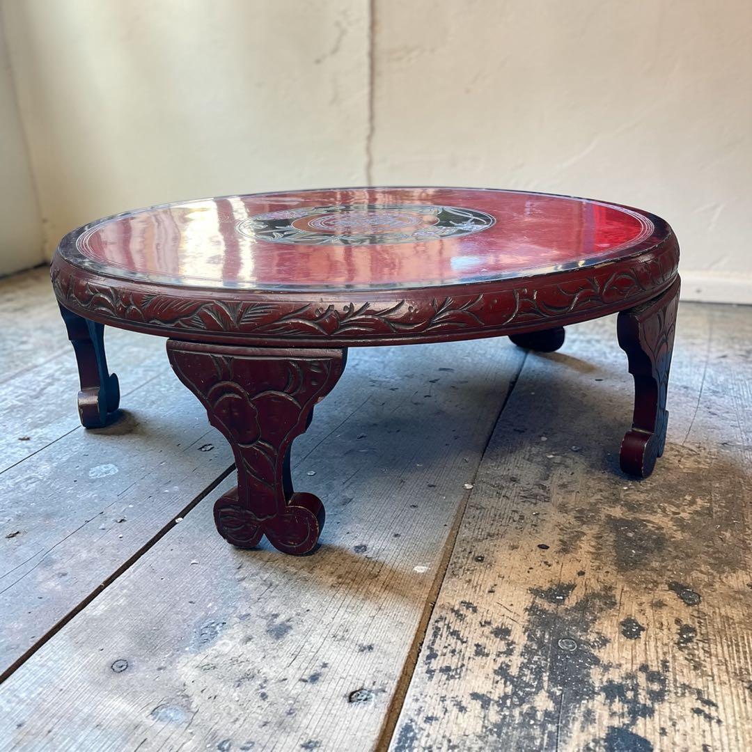 鎌倉彫風 丸座卓 93cm 朱塗り 花柄 漆塗り ローテーブル 分解式