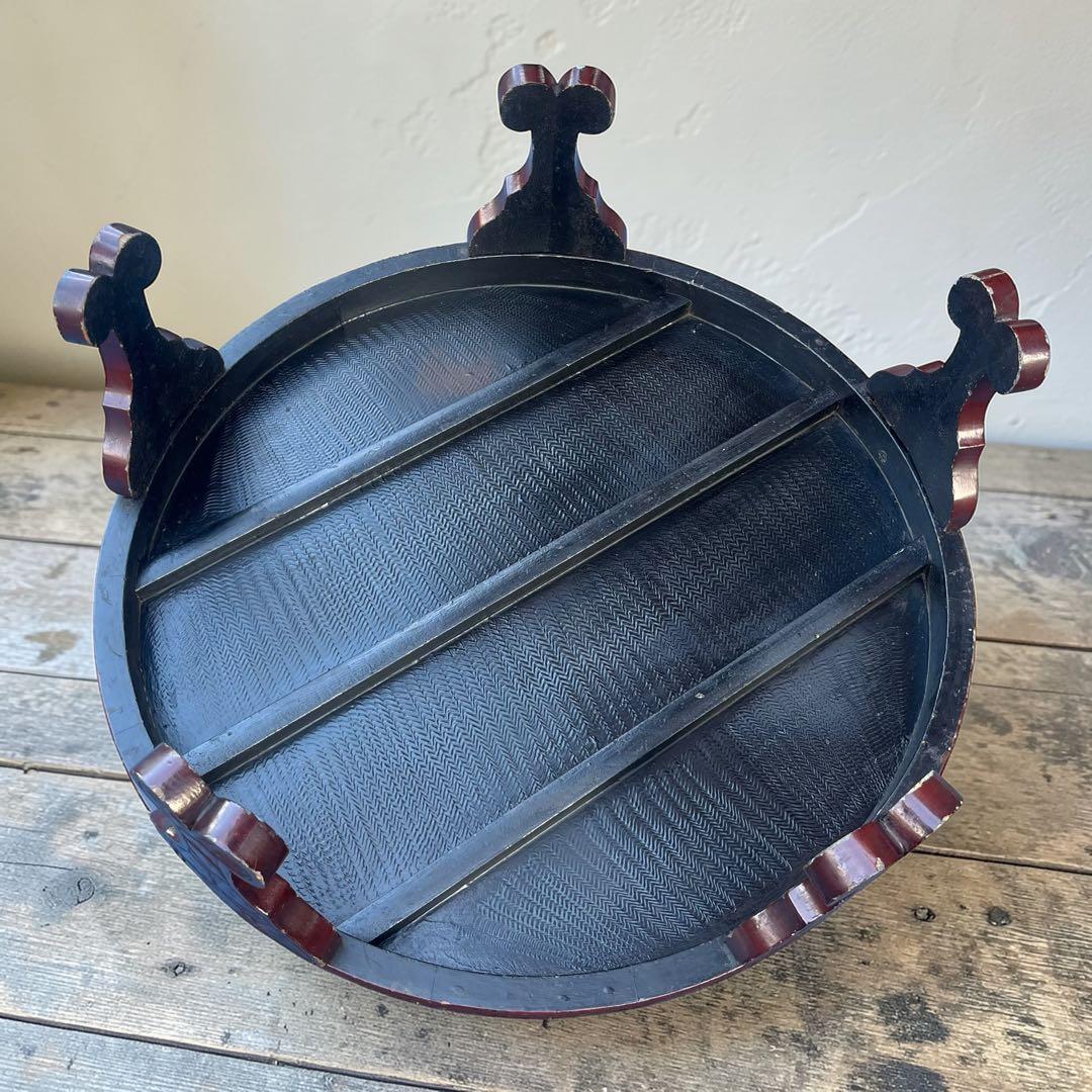 鎌倉彫風 丸座卓 93cm 朱塗り 花柄 漆塗り ローテーブル 分解式