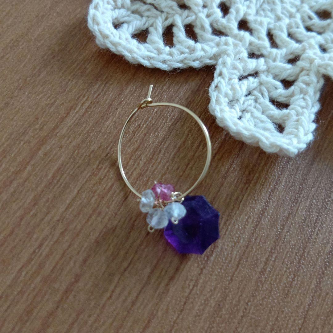 訳有443 14kgfオクタゴンアメジストのフープピアス