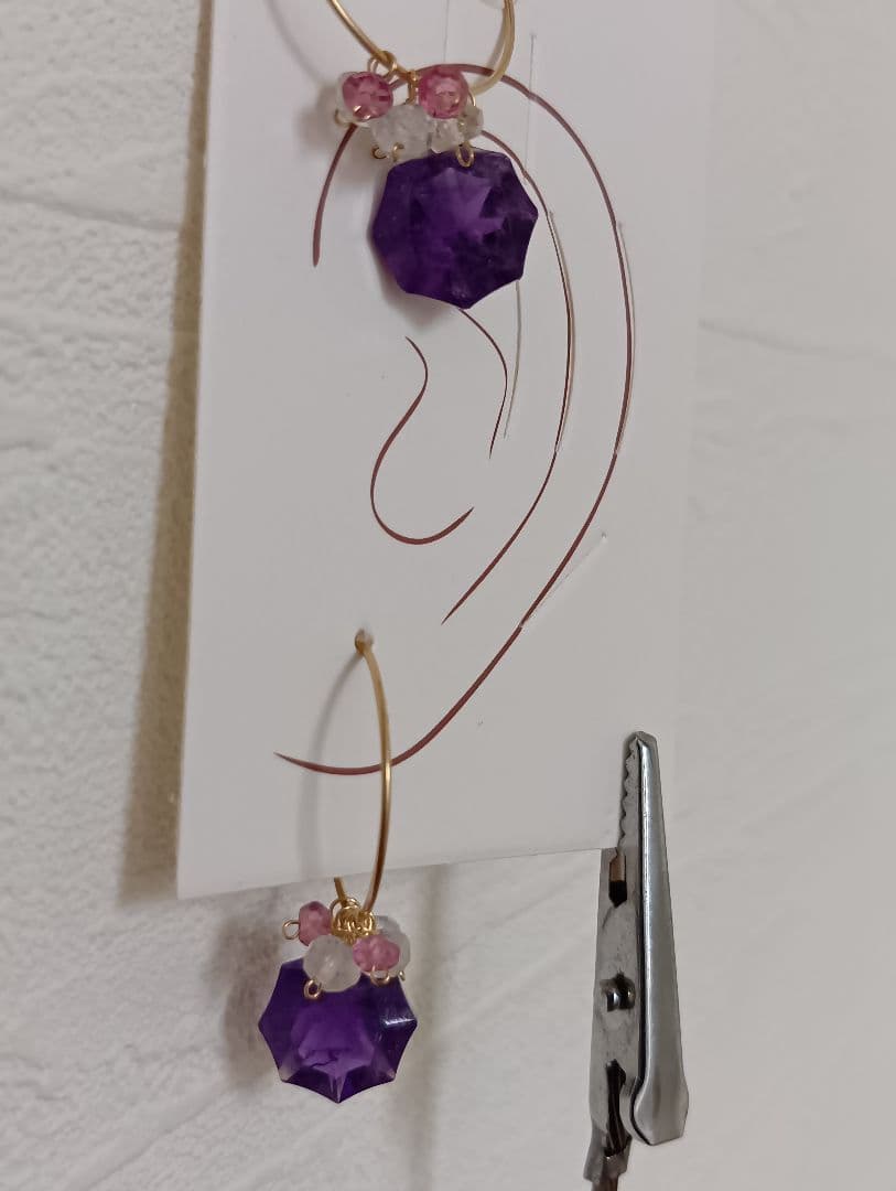 訳有443 14kgfオクタゴンアメジストのフープピアス