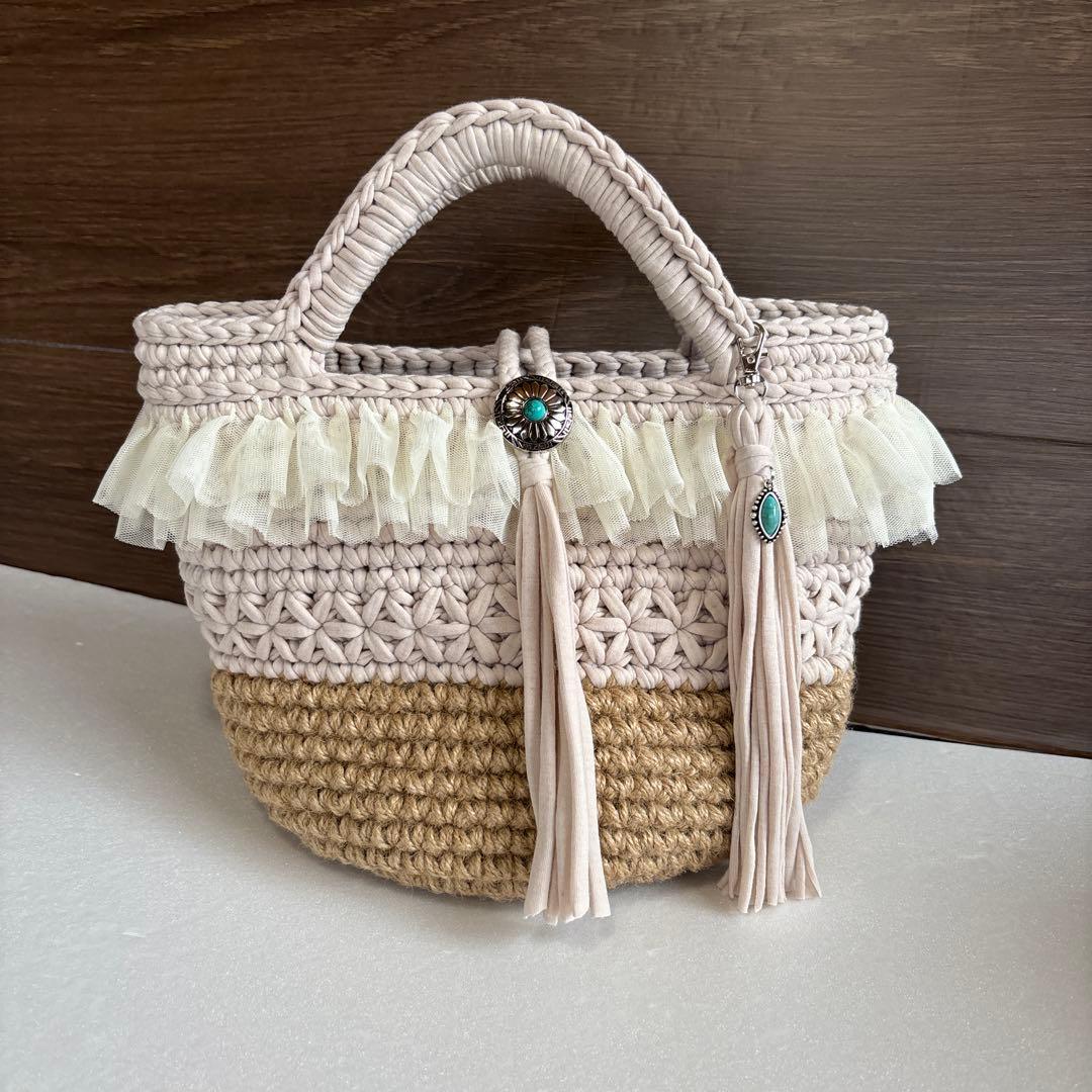 (あや様)ズパゲッティ♡Tシャツヤーン♡マルシェバッグ♡フリル付きバッグ♡