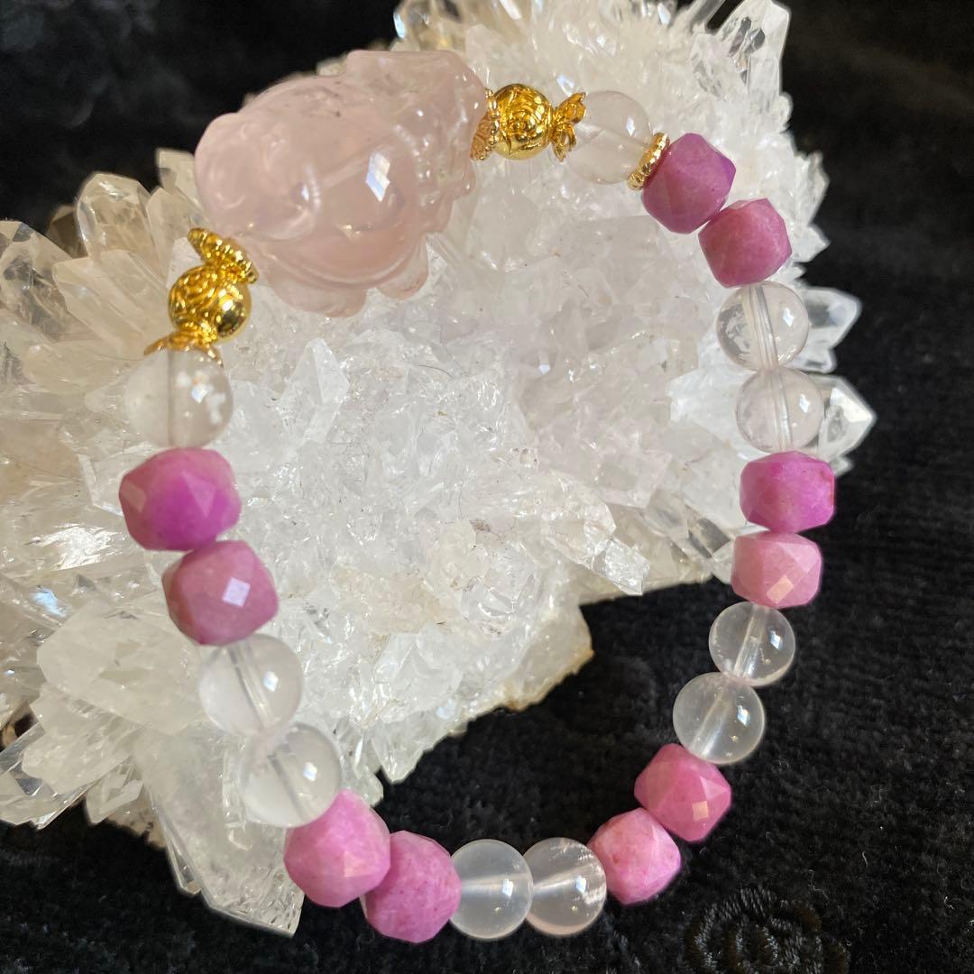 ローズクォーツ龍亀とレピドクロサイトと高品質ローズクォーツブレスレット