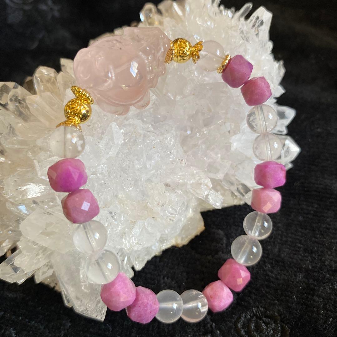 ローズクォーツ龍亀とレピドクロサイトと高品質ローズクォーツブレスレット