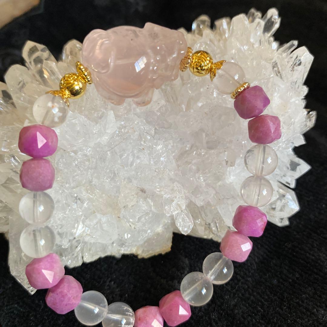 ローズクォーツ龍亀とレピドクロサイトと高品質ローズクォーツブレスレット