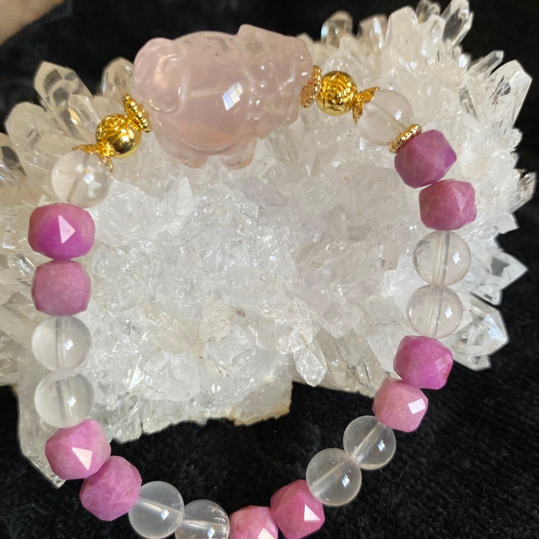 ローズクォーツ龍亀とレピドクロサイトと高品質ローズクォーツブレスレット
