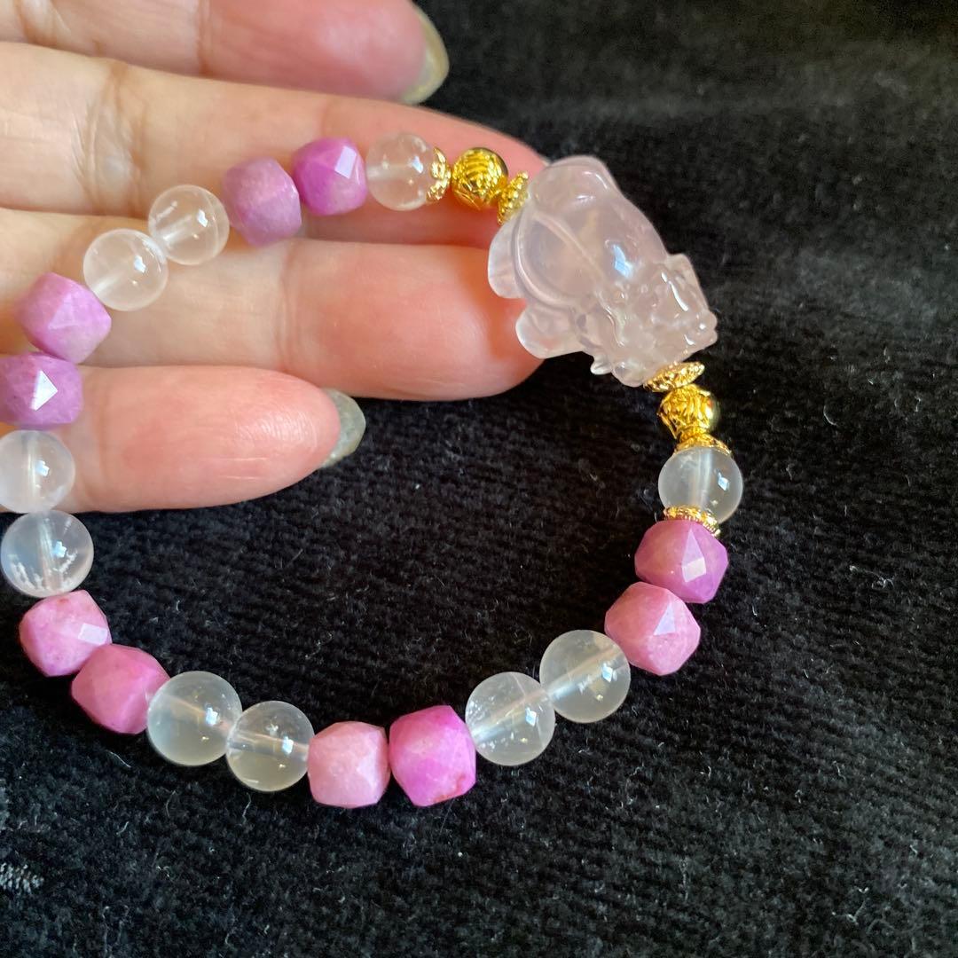 ローズクォーツ龍亀とレピドクロサイトと高品質ローズクォーツブレスレット