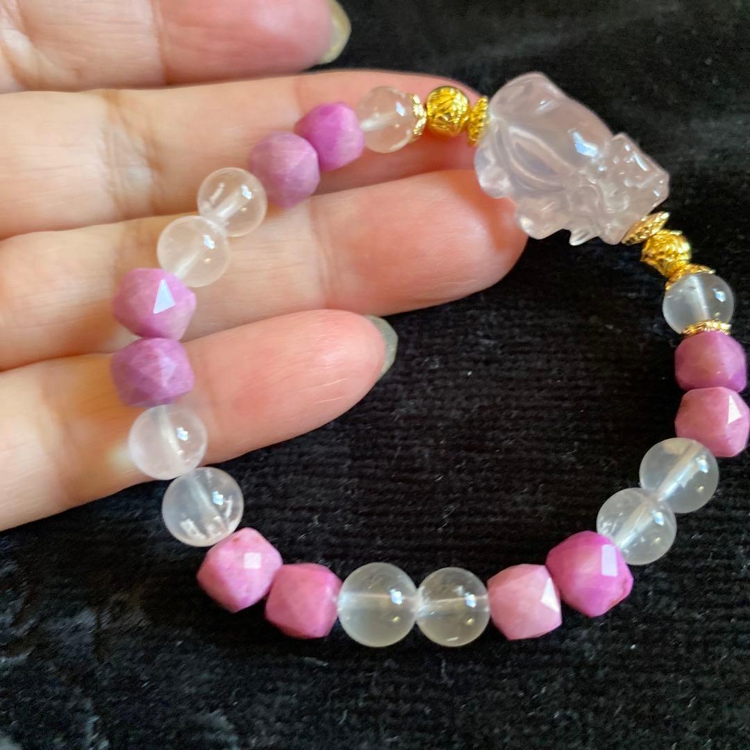 ローズクォーツ龍亀とレピドクロサイトと高品質ローズクォーツブレスレット