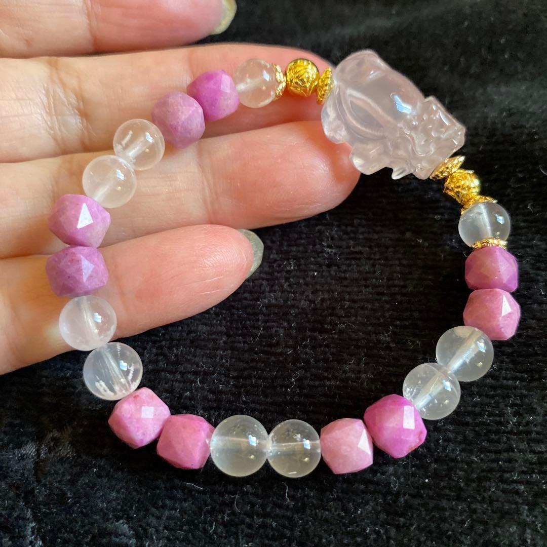 ローズクォーツ龍亀とレピドクロサイトと高品質ローズクォーツブレスレット