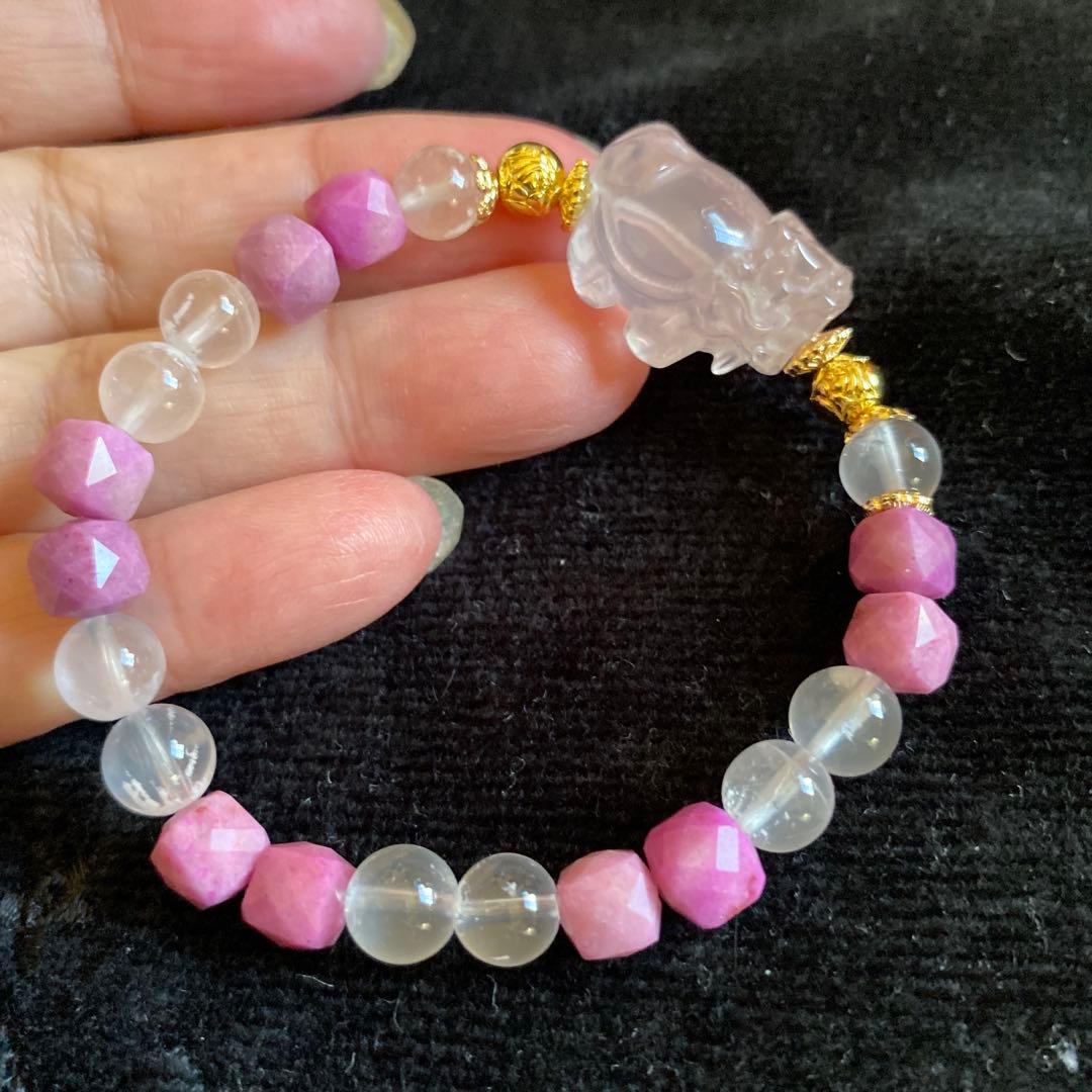 ローズクォーツ龍亀とレピドクロサイトと高品質ローズクォーツブレスレット