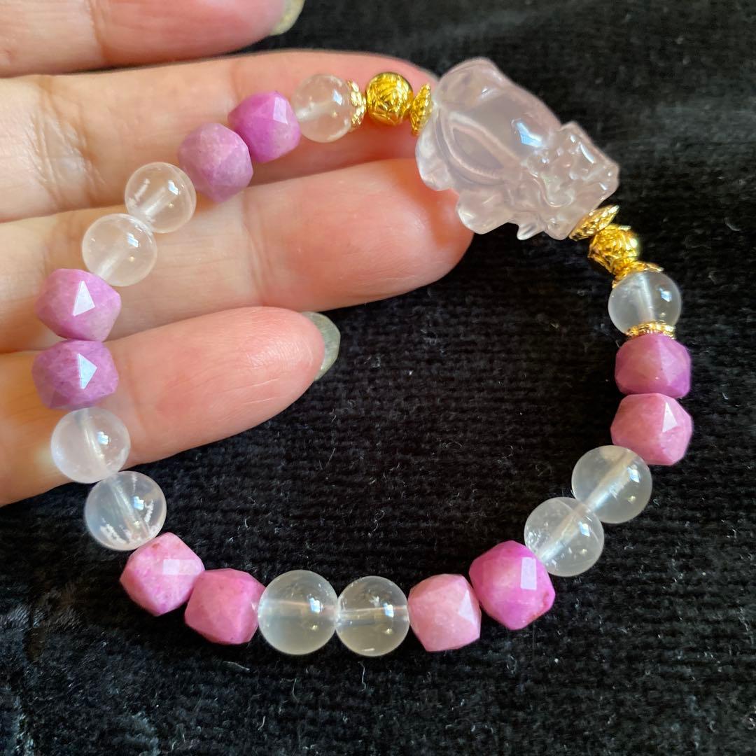 ローズクォーツ龍亀とレピドクロサイトと高品質ローズクォーツブレスレット