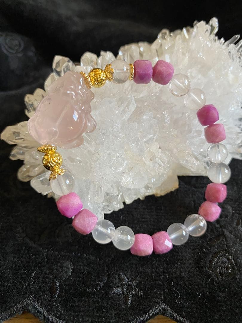 ローズクォーツ龍亀とレピドクロサイトと高品質ローズクォーツブレスレット