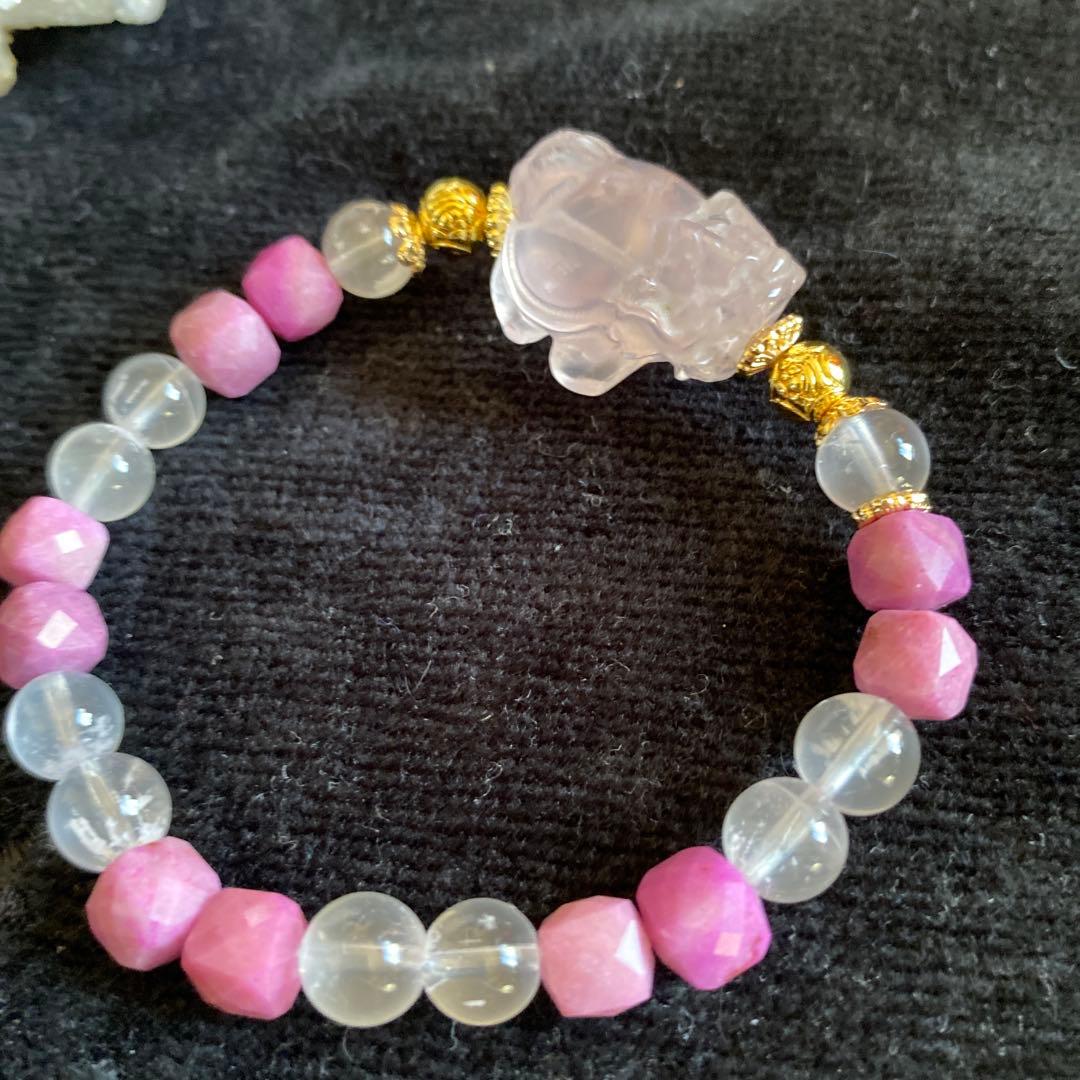 ローズクォーツ龍亀とレピドクロサイトと高品質ローズクォーツブレスレット