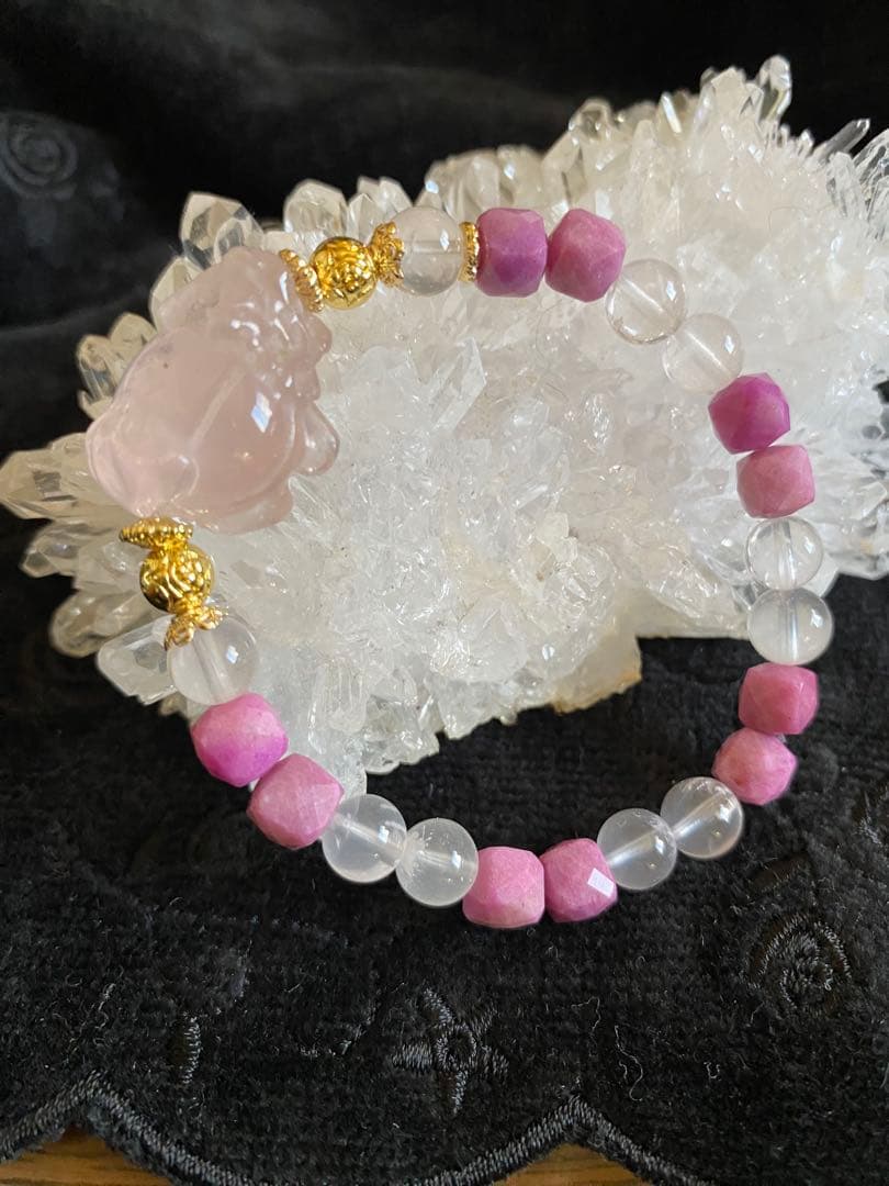 ローズクォーツ龍亀とレピドクロサイトと高品質ローズクォーツブレスレット