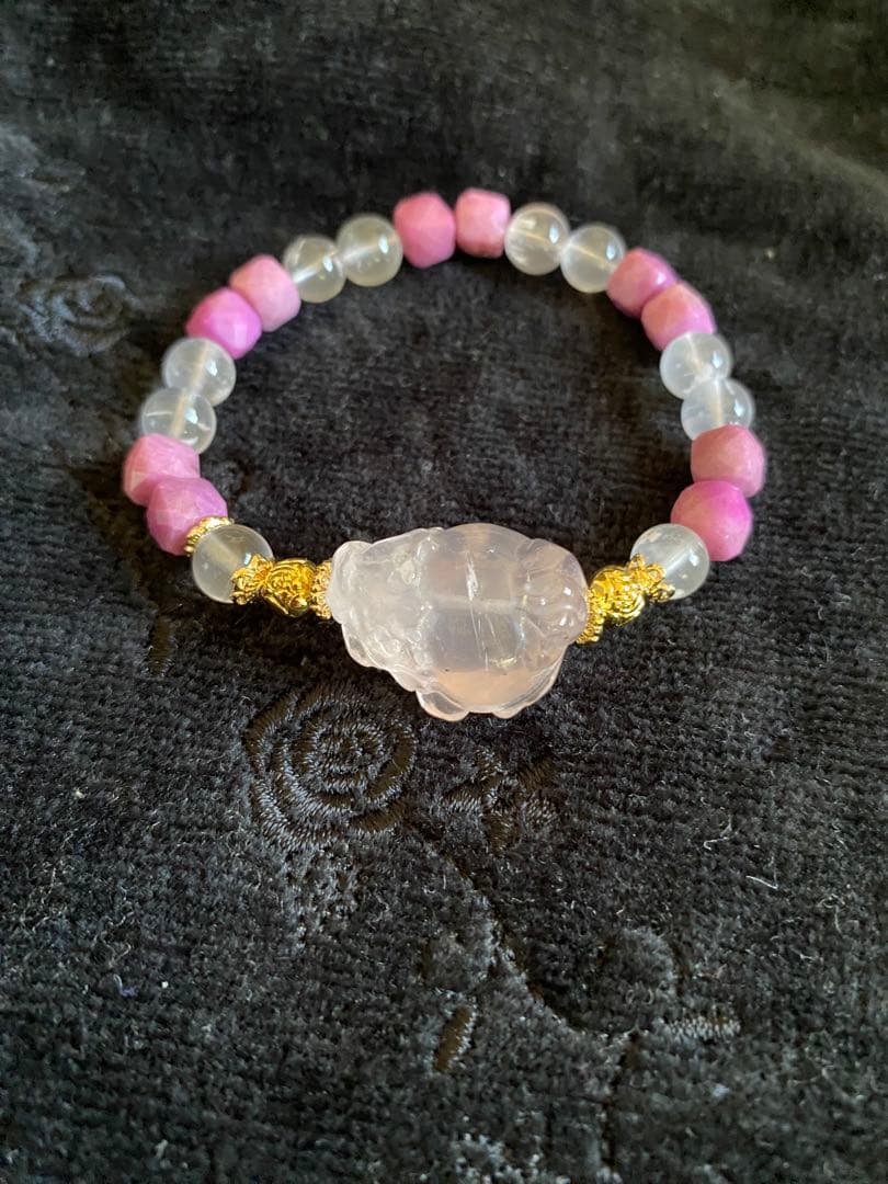 ローズクォーツ龍亀とレピドクロサイトと高品質ローズクォーツブレスレット