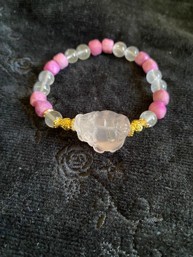 ローズクォーツ龍亀とレピドクロサイトと高品質ローズクォーツブレスレット