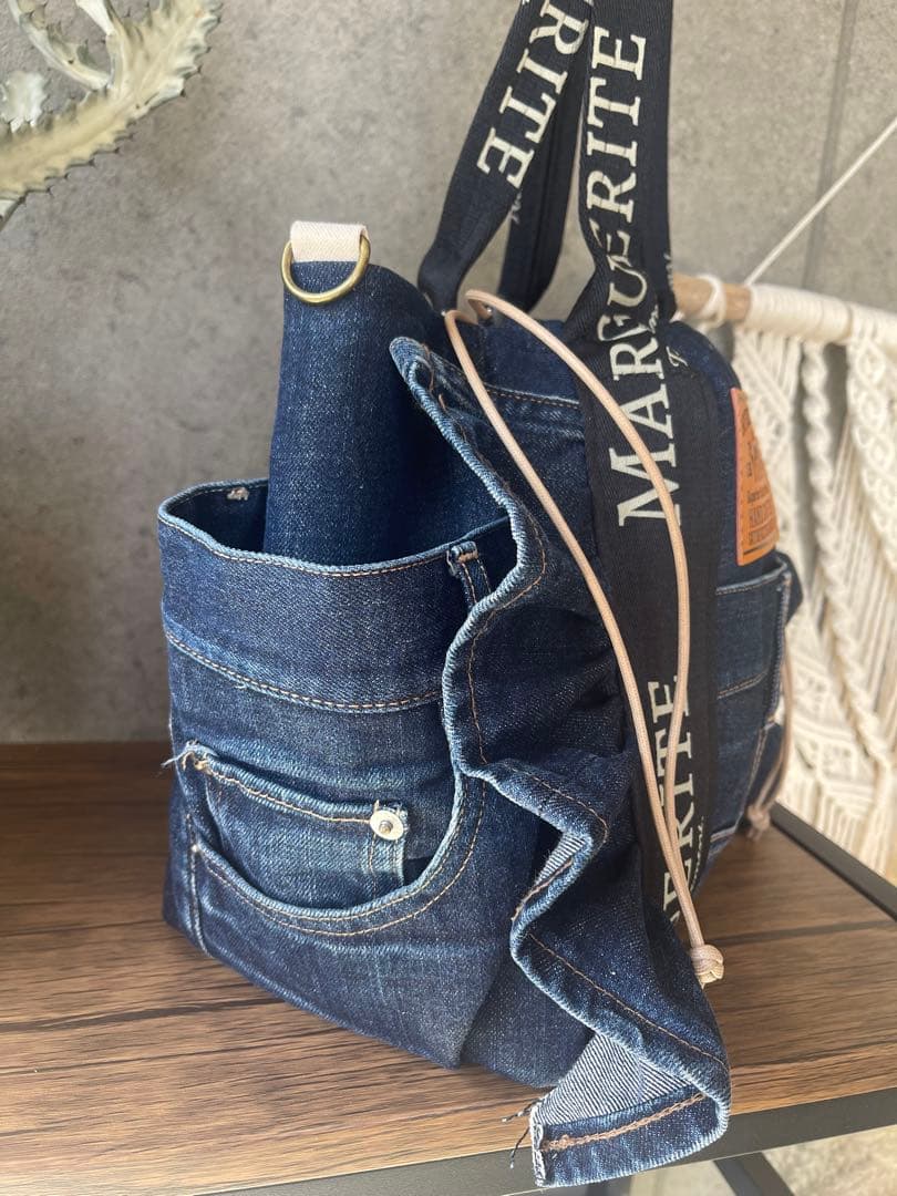 デニムリメイクフリルトートバッグ