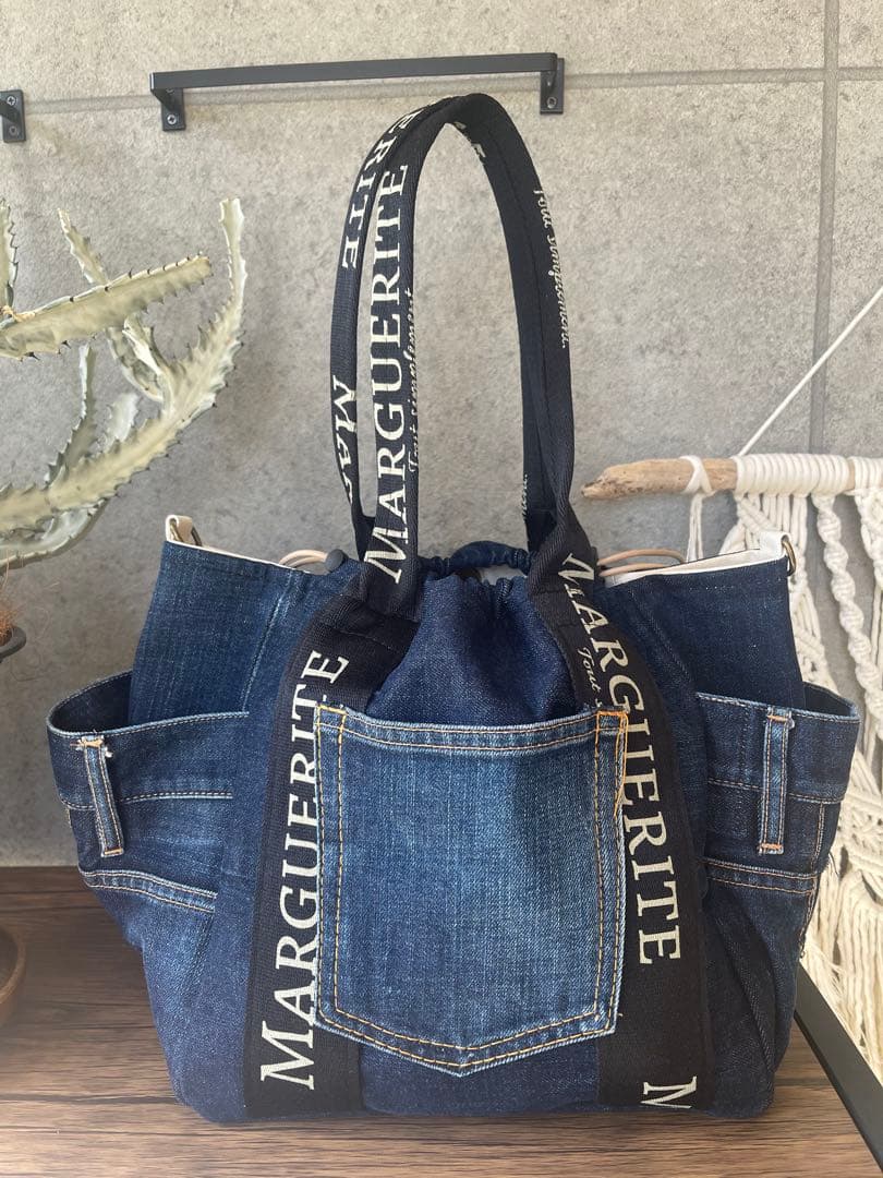 デニムリメイクフリルトートバッグ