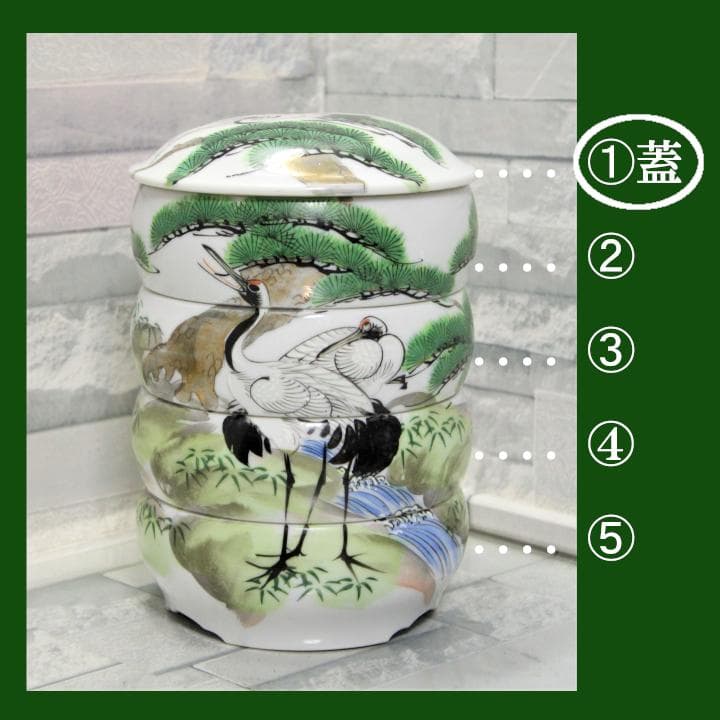 ■ 九谷焼 壽峰窯 祝い膳 吉祥鶴松絵巻 円満 陶製丸重箱　① ■