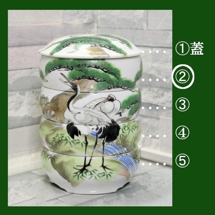 ■ 九谷焼 壽峰窯 祝い膳 吉祥鶴松絵巻 円満 陶製丸重箱　① ■