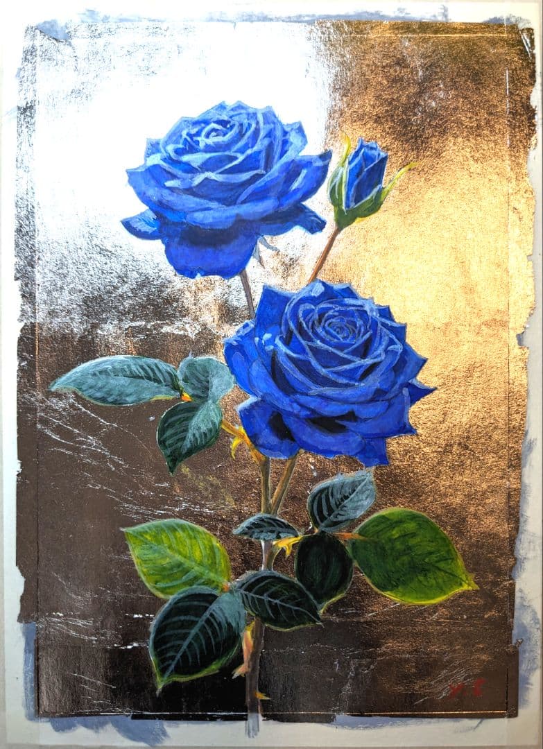 カトウ。オーダーメイド　プラチナ箔を押した青薔薇　アクリル画　絵画