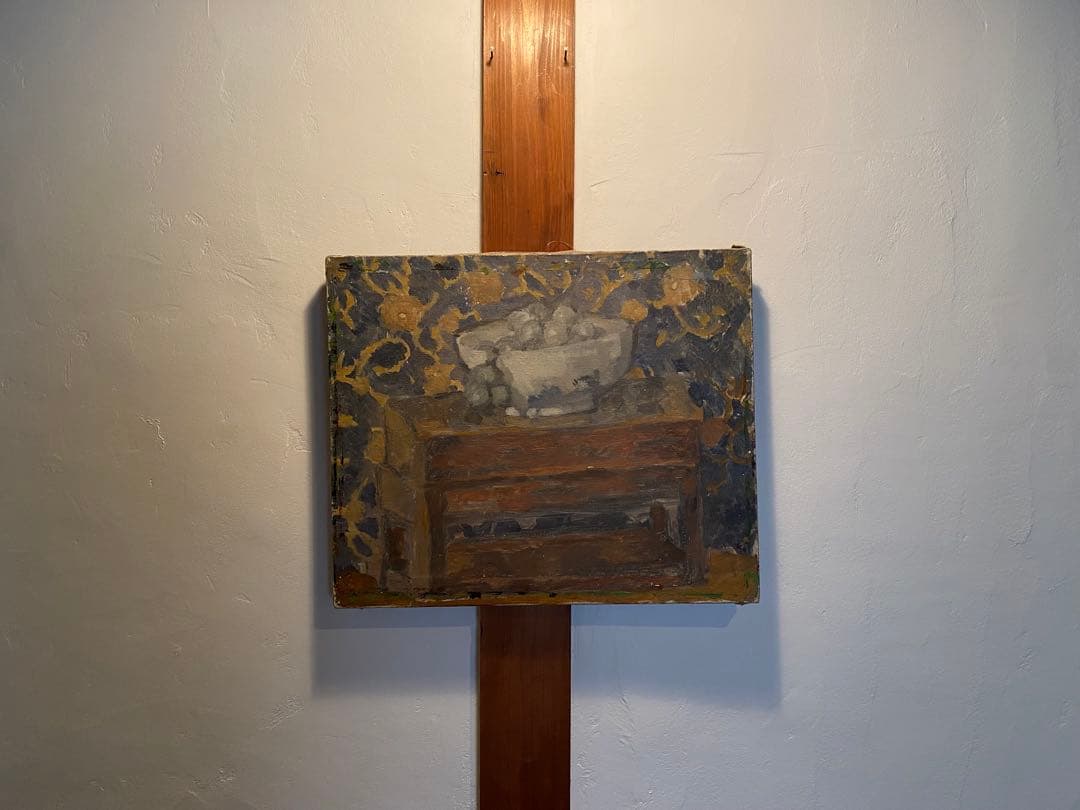 《果実と花紋の壁》 静物画 油絵 F8号 38×46cm 額なし 無名作家