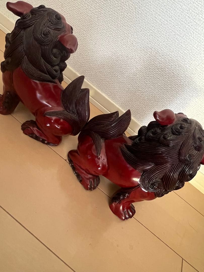 木製赤獅子像 2体セット 玄関守り 魔除け